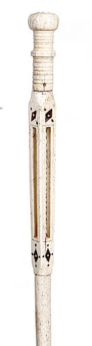 7. Architectural Whale Bone cane - mid 19th C. – A complete whale bone cane with a carved spiral and cage effect, ribbed bone handle with three baleen