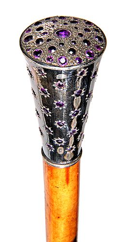 64. Amethyst and Silver Dress Cane- Ca. Last half of 19th Century- A beautiful silver handle, probably Italian with nine rows of alternating rounded a