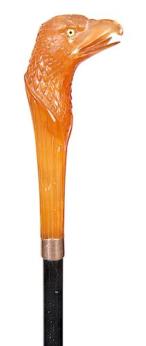 66. Shell Eagle Cane- Late 19th Century- Described as “a blonde tortoise eagle cane” in Mr. Marder’s notes, two color glass eyes with finely carved fa
