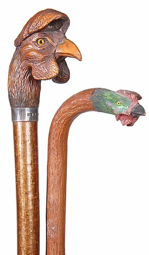120. Rooster Folk Art Canes- Late 19th Century- A pair of folk-art painted and carved rooster canes, one with a hallmarked British collar and the othe