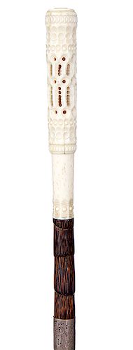128. Cricket Cage System Cane- Ca. 1890- A removable bone gothic carved cricket cage handle which is probably English made and used in the Chinese com