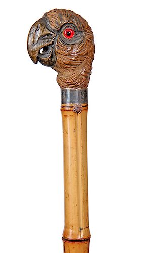 145. Parrot Dress Cane- Ca. 1925- Carved parrot with two color red and black eyes, silver collar, bamboo shaft, and a brass ferrule, H.- 2” x 2 ¾” O.L