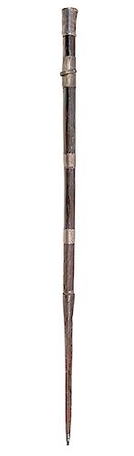 158. Spanish Vera Cane- Ca. 1800- nice example with three silver bands and lanyard holder, silver handle and hardwood shaft with a 12” iron ferrule. H
