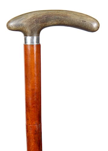 160. Horn Sword Cane- Ca. 1860- An American buffalo horn handle, silver metal collar, 27” blued and etched blade with a working push and pull mechanis