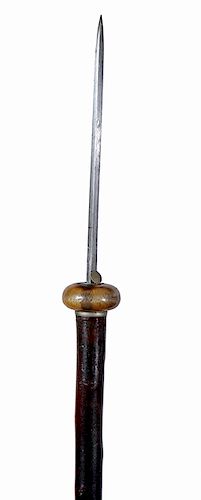 163. Flick Stick- Ca. 1860- A working horn handle flick stick with a 7 ½” blade, small silver metal collar, ebonized twigspur shaft and a metal ferrul