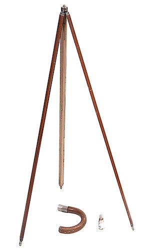 192. Photographer’s Tripod Cane- Ca. 1925- This cane converts to a 6 foot tripod by removing the metal ferrule and the handle, the camera mount is hid