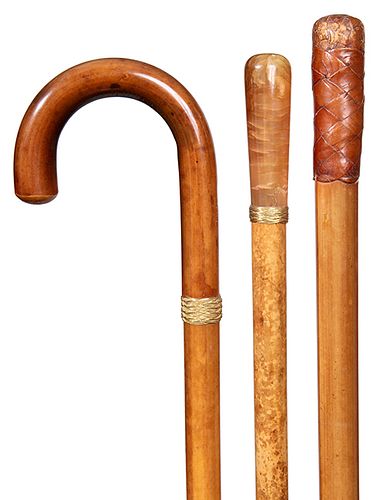 199. Three Malacca Canes- Ca. 1880- Three super malacca canes all with horn ferrules, one with a woven leather handle and the other a horn, two have w