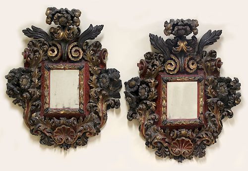 PAIR OF VENETIAN CARVED AND POLYCHROMED MIRRORS