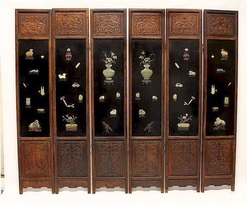 19TH C. CHINESE LACQUER AND JADE SIX-PANEL SCREEN
