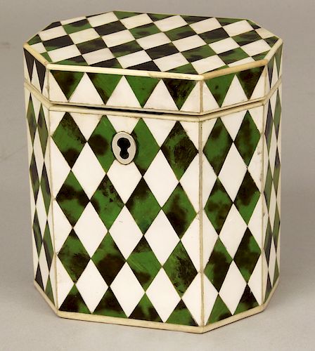MOTHER-OF-PEARL AND SHELL HARLEQUIN TEA CADDY