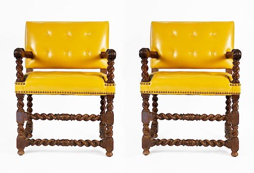 Pair of Late 17thc. English Open Armchairs with Canary Yellow Leather Upholstery