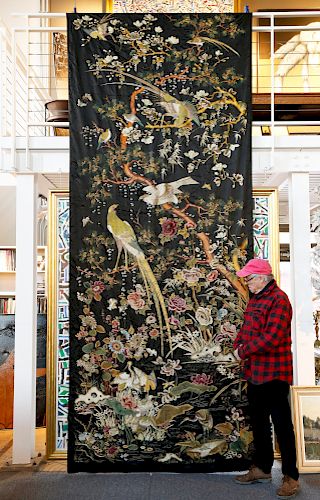 Rare Monumental 19th Century Chinese Embroidery Depicting Various Exotic Birds in a Landscape
