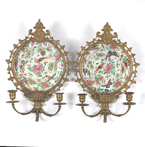 Pair of Ormolu Mounted Famille Rose Platters Designed as Wall Sconces, 19th Century