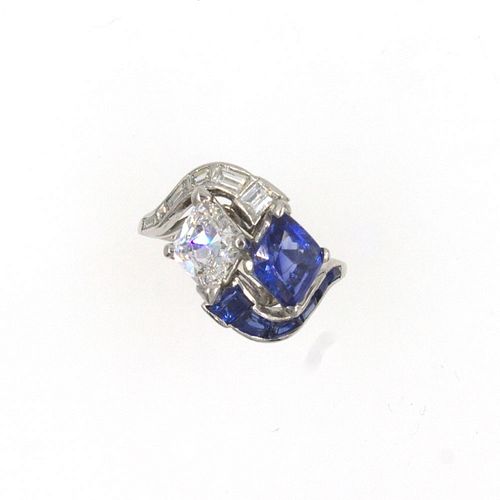 Deco Kite Shaped Diamond Sapphire Platinum Ring