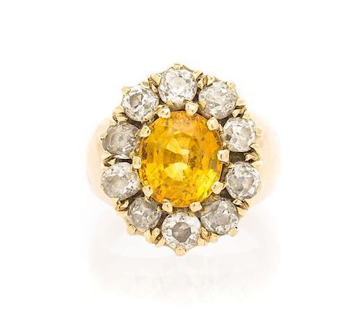 A Yellow Gold, Yellow Sapphire and Diamond Ring, 4.40 dwts.
