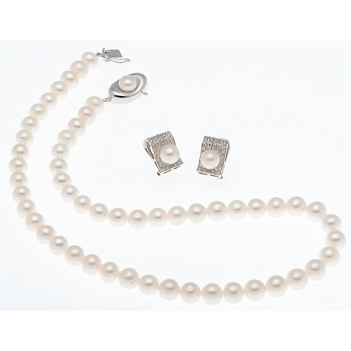 14 Karat White Gold Cultured Pearl Necklace and Earrings