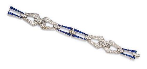 An Art Deco Platinum, Diamond and Sapphire Bracelet, Waslikoff & Sons, 19.10 dwts.
