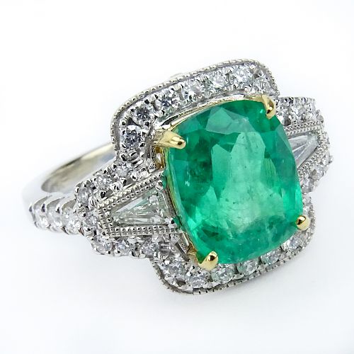 GIA Certified and Rodrigo Giraldo Certified Colombian Emerald, Diamond and 18 Karat White Gold Ring.