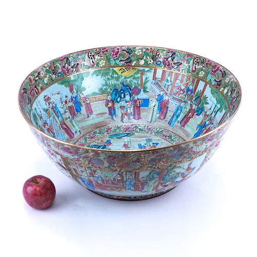 Monumental Chinese Export Rose Medallion Porcelain Punch or Center Bowl. Decorated with panels of court figures, birds and flowers within a dense flor