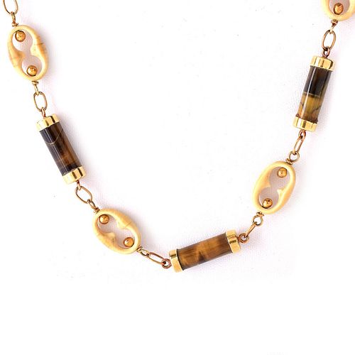 Vintage 18 Karat Yellow Gold, Tiger Eye Bead and Ivory Bead Necklace.