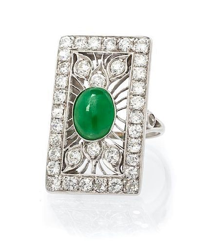 An Art Deco Platinum, Jade and Diamond Ring, 5.10 dwts.