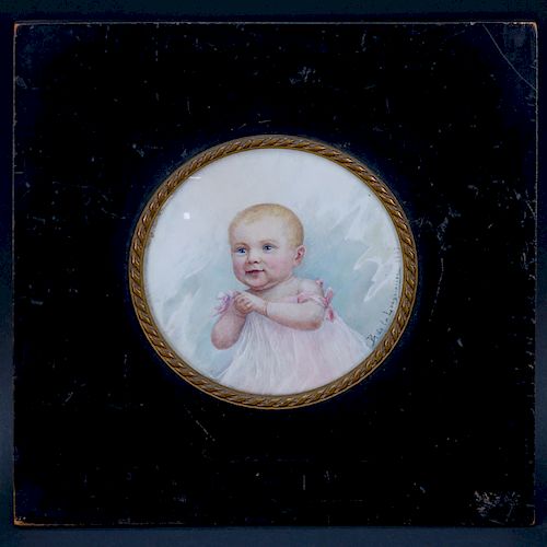 Early 20th Century French Portrait Miniature "Baby Girl". Signed B. de la loe Longuiniere. Good condition. Measures 4-5/8" Diameter, frame measures 9-