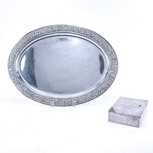 Tiffany & Co. Silver Plate Oval Tray and Cigarette Box. The tray with a floral repousse border, the box lid and engraved printer plate with invitation