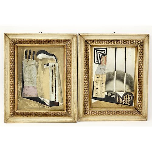 Two (2) Mid Century Italian Mixed Media Collages. Depicting abstract compositions. Signed C. Bucci dated '50. Framed.