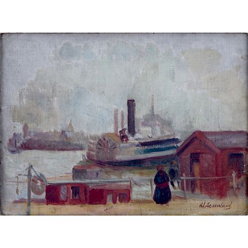 Hortense W. Scheinman, American (born 1901) Oil on Panel, Harbor Scene, Signed Lower Right. Kensington  label attached en verso.