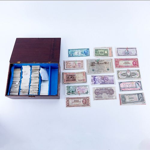 Large Collection of Antique and Vintage World Coins and Paper Money. In custom wood box.