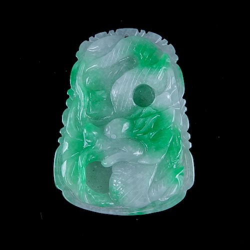 Antique Chinese Carved Apple Green Jade Pendant with High Relief Dragon.