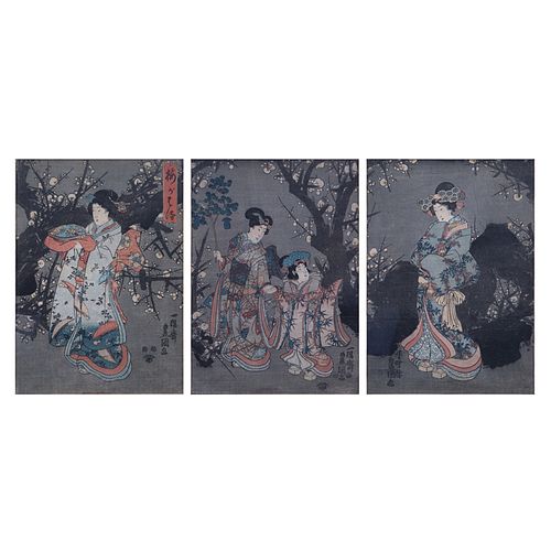 Three (3) Antique Japanese Woodblock Prints, Scenes of Geishas, Each with Publishers Marks Lower.