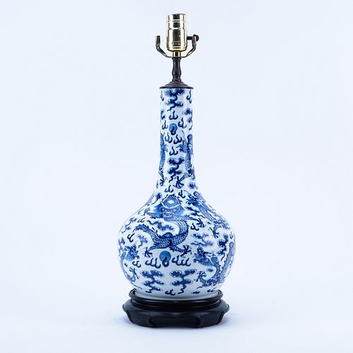20th Century Chinese Blue and White Porcelain Vase Mounted as Lamp. Signed to base.
