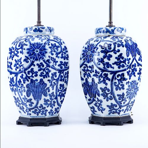 Pair of Chinese Blue and White Porcelain Covered Jars as Lamps. Crackle to glaze, light discoloration or else good condition.