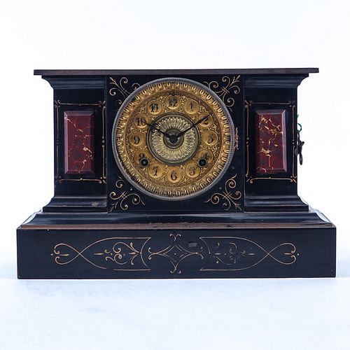 Victorian Ansonia Slate Mantel Clock. Hand painted gold d