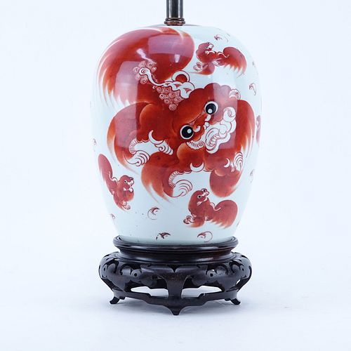 A Chinese Qing Dynasty Style Iron Red Foo Dog Porcelain Ginger Jar Mounted as Lamp.