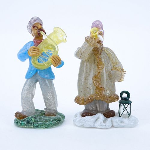 Two (2) Czechoslovakian hand blown art glass musician figures.