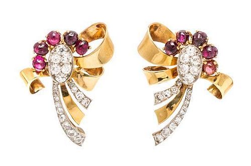 A Pair of Retro Platinum, Gold, Diamond and Ruby Earrings, 5.60 dwts.