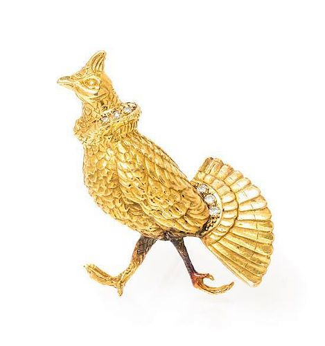 An 18 Karat Yellow Gold and Diamond Pheasant Brooch, Raymond Yard, 7.50 dwts.
