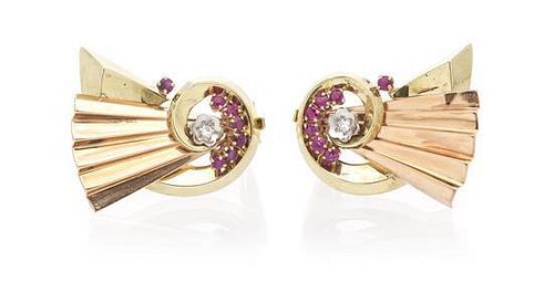 A Pair of Retro 14 Karat Gold, Diamond and Ruby Earclips, 9.90 dwts.