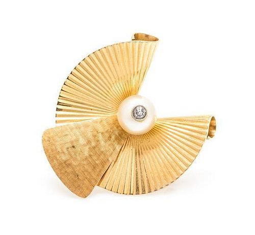 A Retro Yellow Gold, Diamond and Cultured Pearl Brooch, 6.70 dwts.