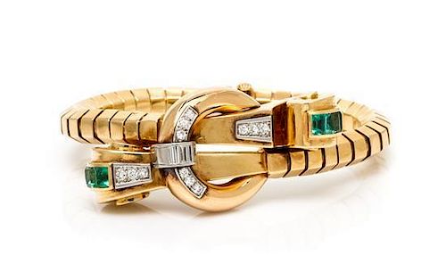 A Retro 18 Karat Yellow Gold, Platinum, Emerald and Diamond Bracelet, 39.30 dwts.