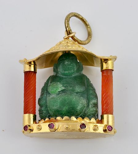 18kt Jade, Ruby, Cornelian Buddha Pendant