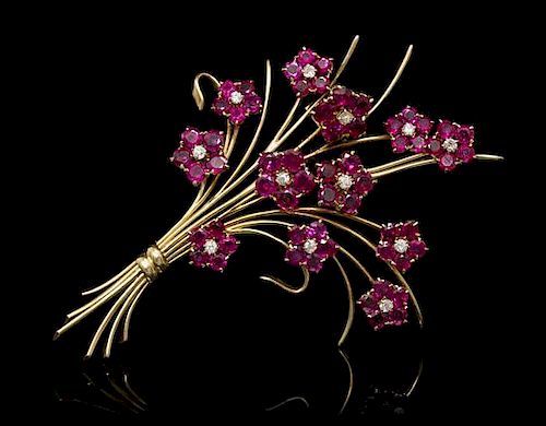 A Retro Yellow Gold, Ruby and Diamond Bouquet Brooch, Van Cleef & Arpels, Circa 1945, 19.60 dwts.
