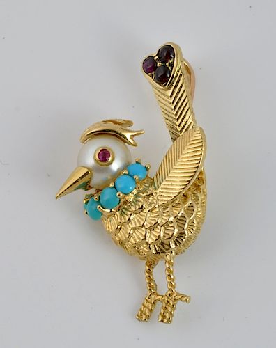 French 18kt Turquoise, Pearl & Ruby Bird Pendant