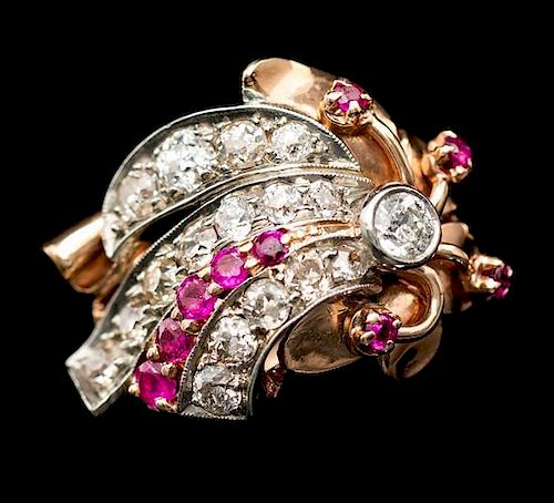 A Retro Platinum Topped Gold, Diamond and Ruby Ring, 6.90 dwts.