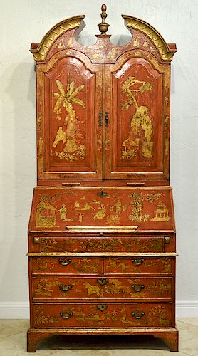 English Red Chinoiserie Queen Anne Secretary