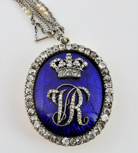 Antique Diamond & Blue Enamel Pendant & Chain
