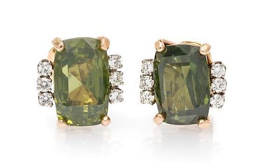 A Pair of Vintage Gold, Diamond and Green Zircon Earclips, 7.80 dwts.