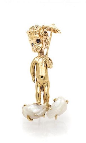 An 18 Karat Yellow Gold and Cultured Pearl Pin, 7.20 dwts.